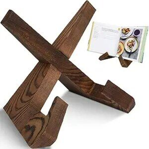 Wooden Cookbook Display Stand Holder - Adjustable Foldable Rustic Wood Design